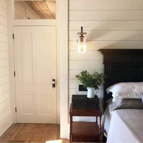 Napoli Industrial Seeded Cylindrical Glass Wall Sconce | Farmhouse Black & Wood Grain Finish